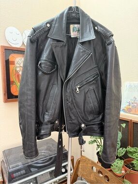 Black Genuine Leather Motorcycle Jacket with Braided Accents